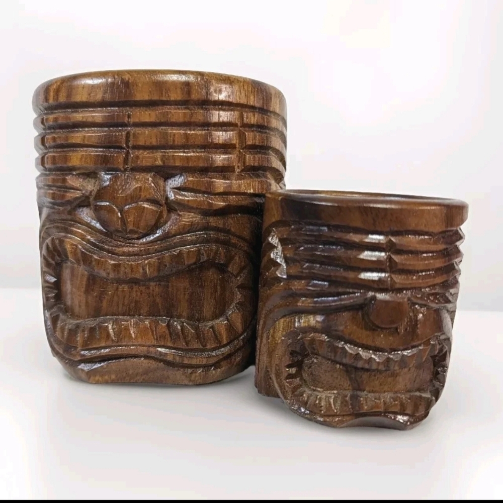 Pair Wood Hand Carved Tribal Tiki Mugs Rosas Philippine Handicrafts Vintage